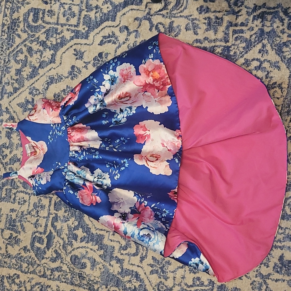 Blue Gorgeous high low blue pink floral dress sz 8 formal pageant church dance